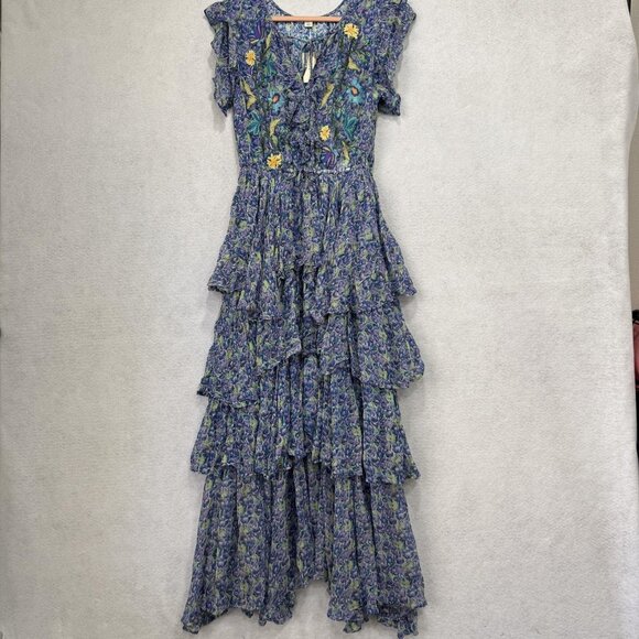 Sundance Dress Womens Medium Blue Purple Floral Embroidered Tiered Ruffle Maxi - Picture 1 of 10